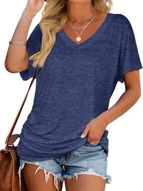 Classic V-Neck Short Sleeve Tee with Ruching in Navy